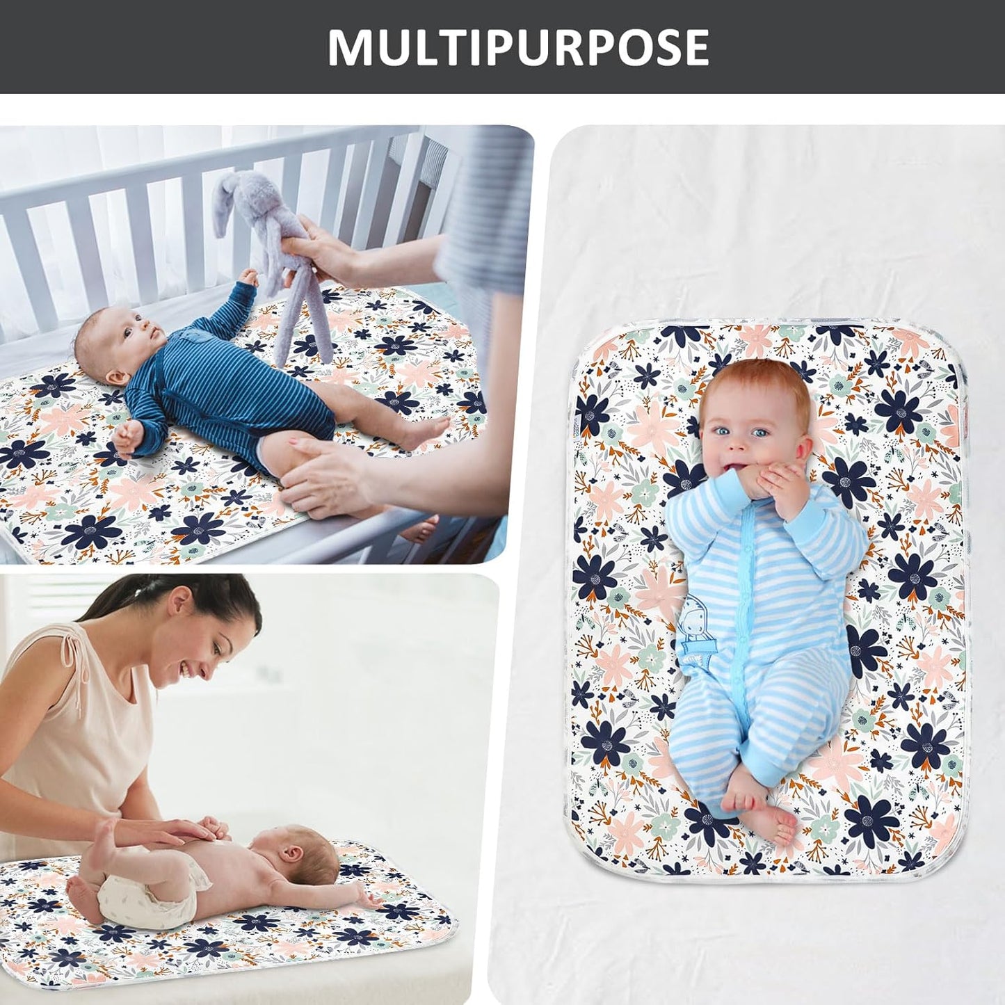 Baby Diaper Changing Pad, 21 5/8" x 31.5" Waterproof Changing Pad Liners - Reusable Soft and Absorbent Portable Changing Mat(Floral1PCS)