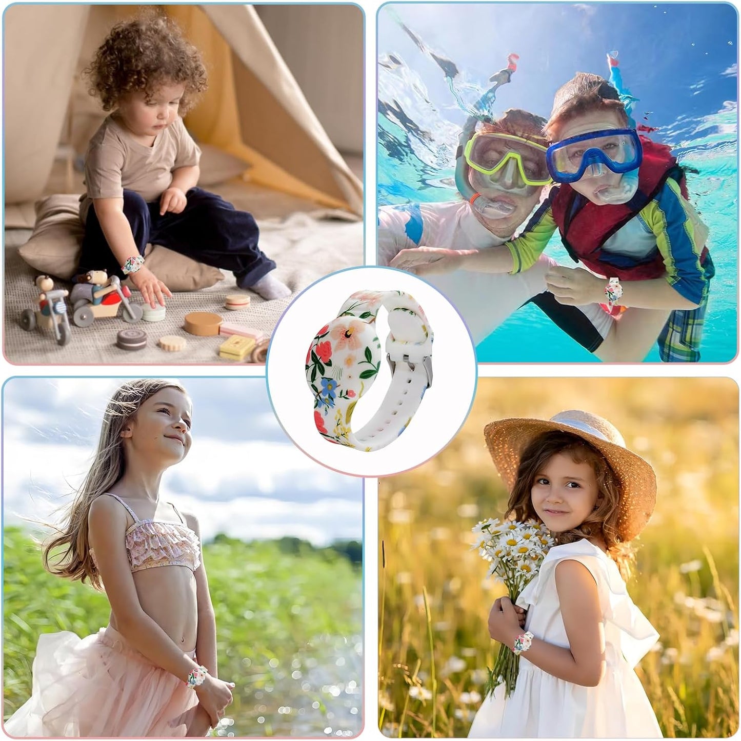 Waterproof AirTag Bracelet for Kids, Soft Silicone Air Tag Hidden Holder Case Compatible with Apple Airtag, Adjustable Anti-Lost Printed Strap GPS Traker for Toddler Child(Colorful Flowers)