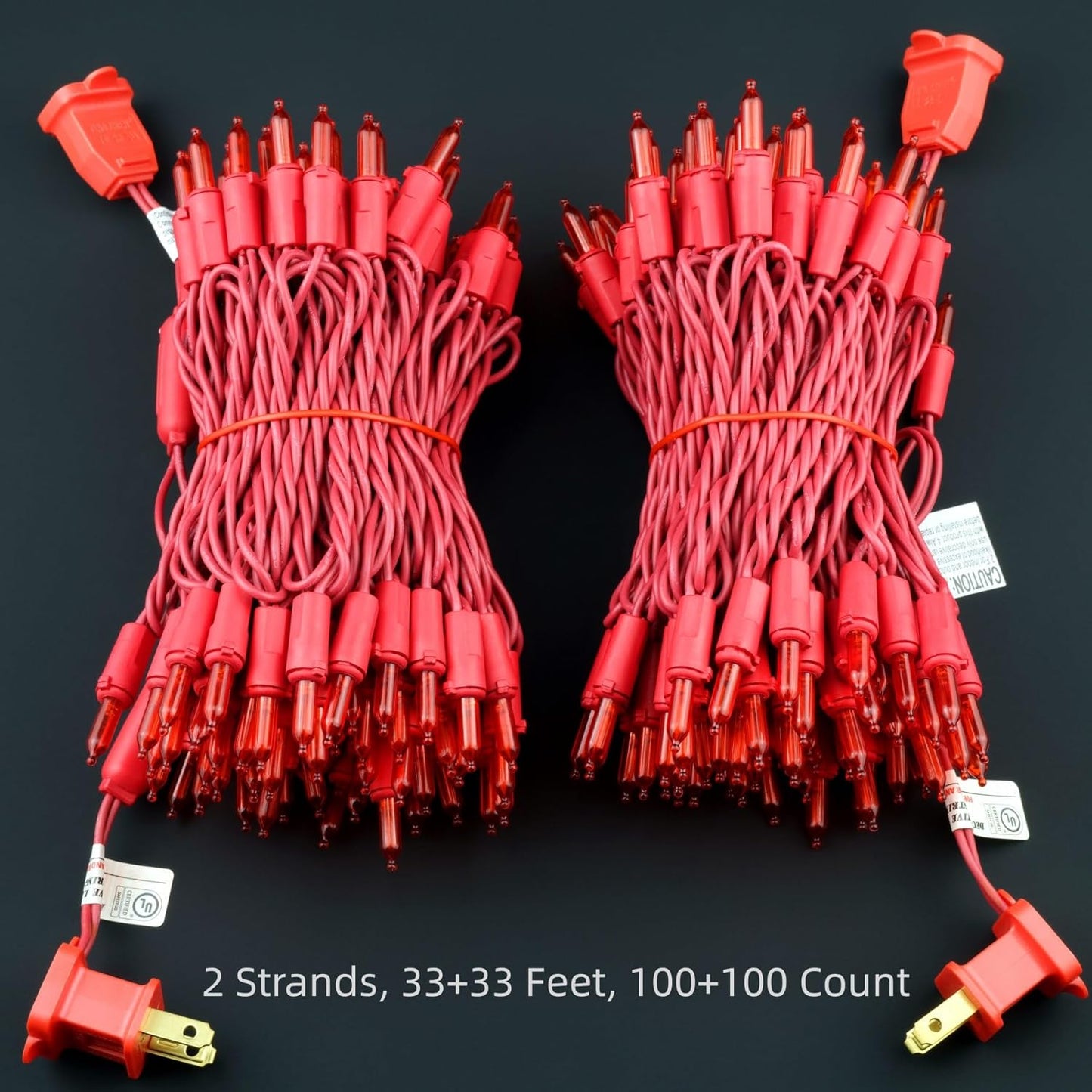 YULETIME 200 Red LED Christmas Lights with Red Wire, Pack of 2 Strands 33 Feet 100 Lights UL Certified Holiday String Light Set