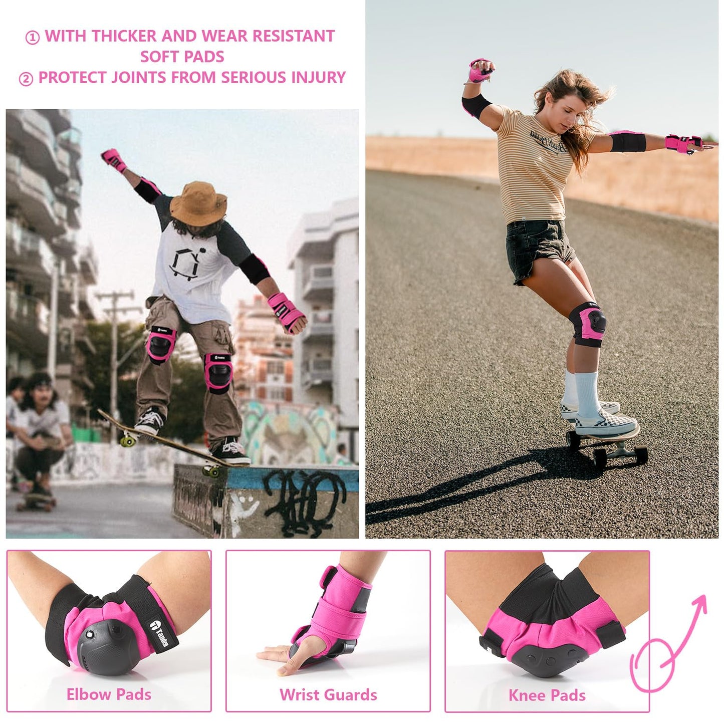 Skateboard Protective Gear Youth Knee and Elbow Pads Set, Wrist Guards for Roller Skating and Skateboarding - Pink