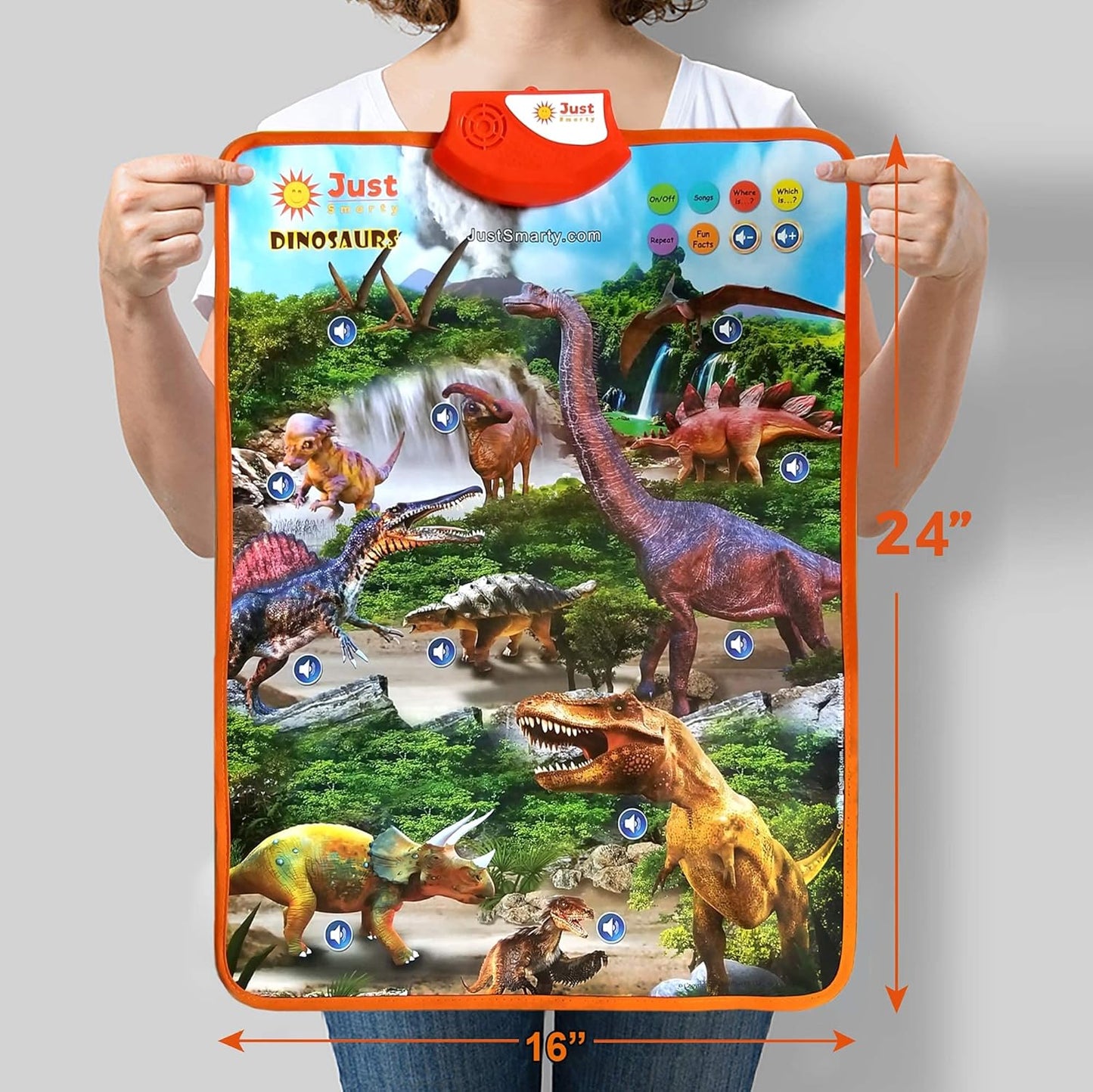 Just Smarty Interactive Dinosaur Toys Learning Poster | Dinosaur Toys for Kids 3-5 | Spinosaurus, Brachiosaurus, Trex, Velociraptor, Ankylosaurus and Other Reptile Toys | Best Dinosaur Party Favors