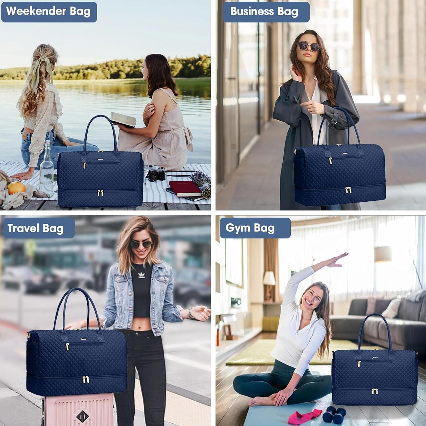 Travel Weekender Bags for Women - Carry on Overnight Bags with Shoe Compartment Duffle Bag with Laptop Pocket Hospital Bag for Labor Delivery Gym Tote Bag with Toiletry Bag Blue
