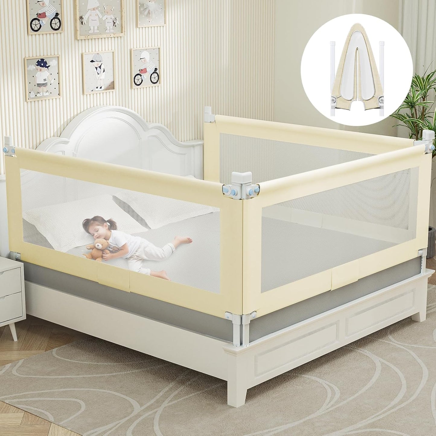 Bed Guard Rail for Toddlers - 59" Quick Assembly & Double Side Lift with Safety Child Lock - Adjustable Height Baby Bed Rails for Queen Full King Twin Crib Bunk Size Bed(Beige, 1 Pack)