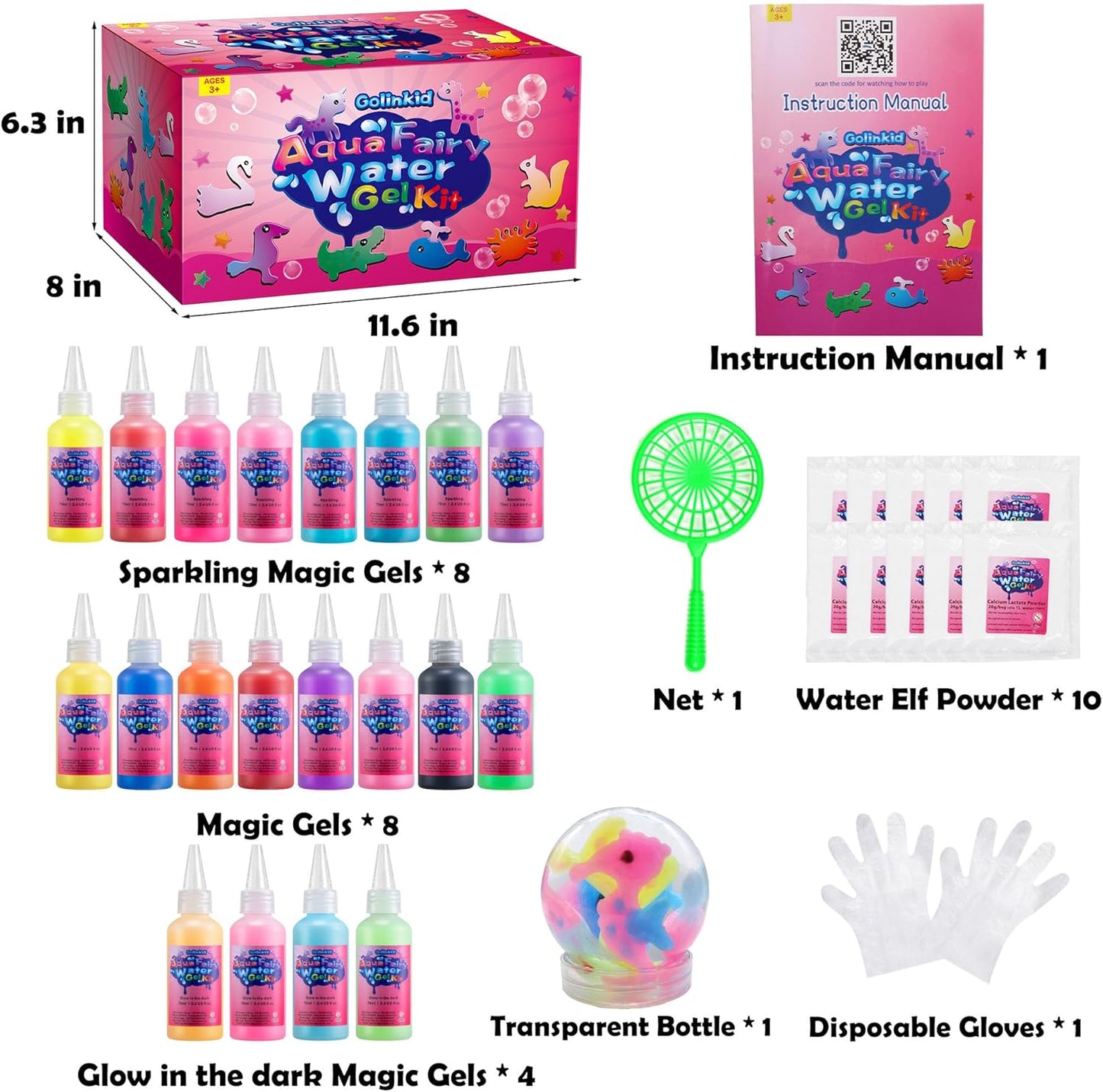 Magic Water Elf Toy Kit, 20 Bottles 24 Molds 70ML Aqua Fairy Water Gel Kit with Sparkling Magic Gel Glow in The Dark, Crate Your Own Magic Water Pets Aqua Fairy Craft Kits for Kids