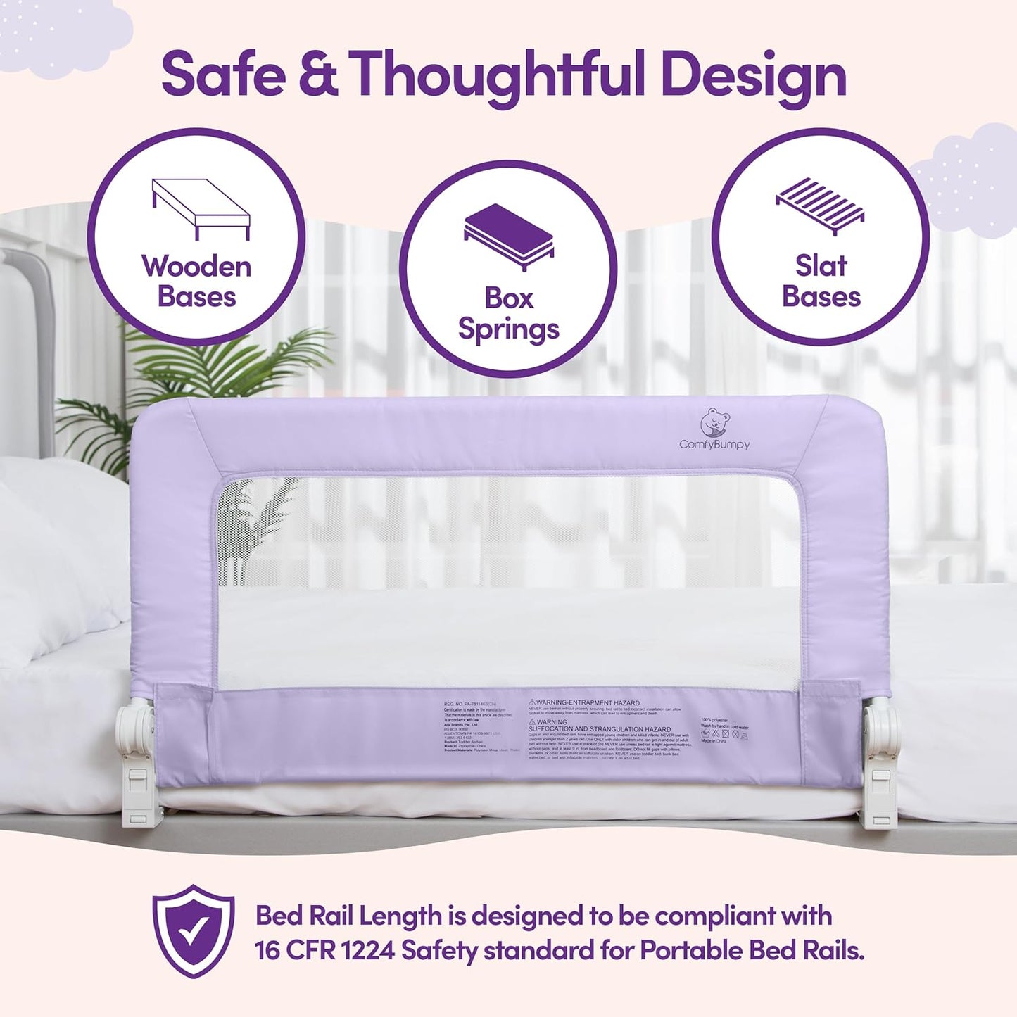 ComfyBumpy 1-Pack Bed Rail for Toddlers 35.5" L x 19.5" H | Toddler Bed Rails for Twin, Full & Toddler Bed Size | Swing Down Bed Rail Guard | Baby Bed Side Rail for Kids | Purple