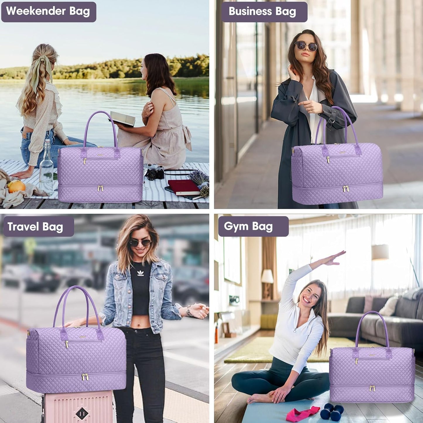 Travel Bag Weekender Bags for Women - Carry on Overnight Bag with Shoe Compartment Duffle Bag with Laptop Pocket Light Purple