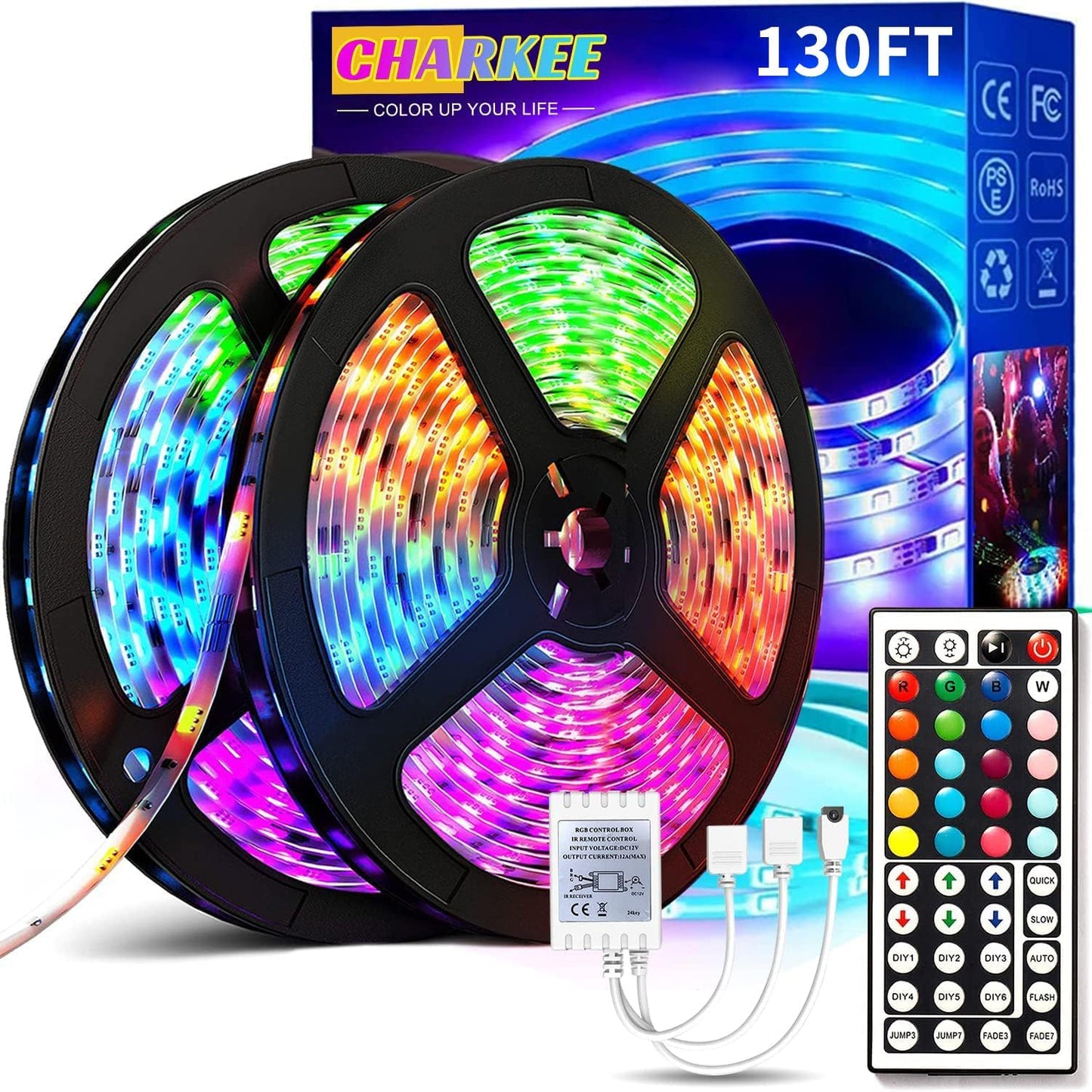 CHARKEE LED Strip Lights 130ft (2 Rolls of 65.6ft) Ultra Long RGB Color Changing LED Light Strips Kit with 44Keys Remote for Bedroom, Kitchen, Home Decor, Room, Dorm Room, DIY Mode