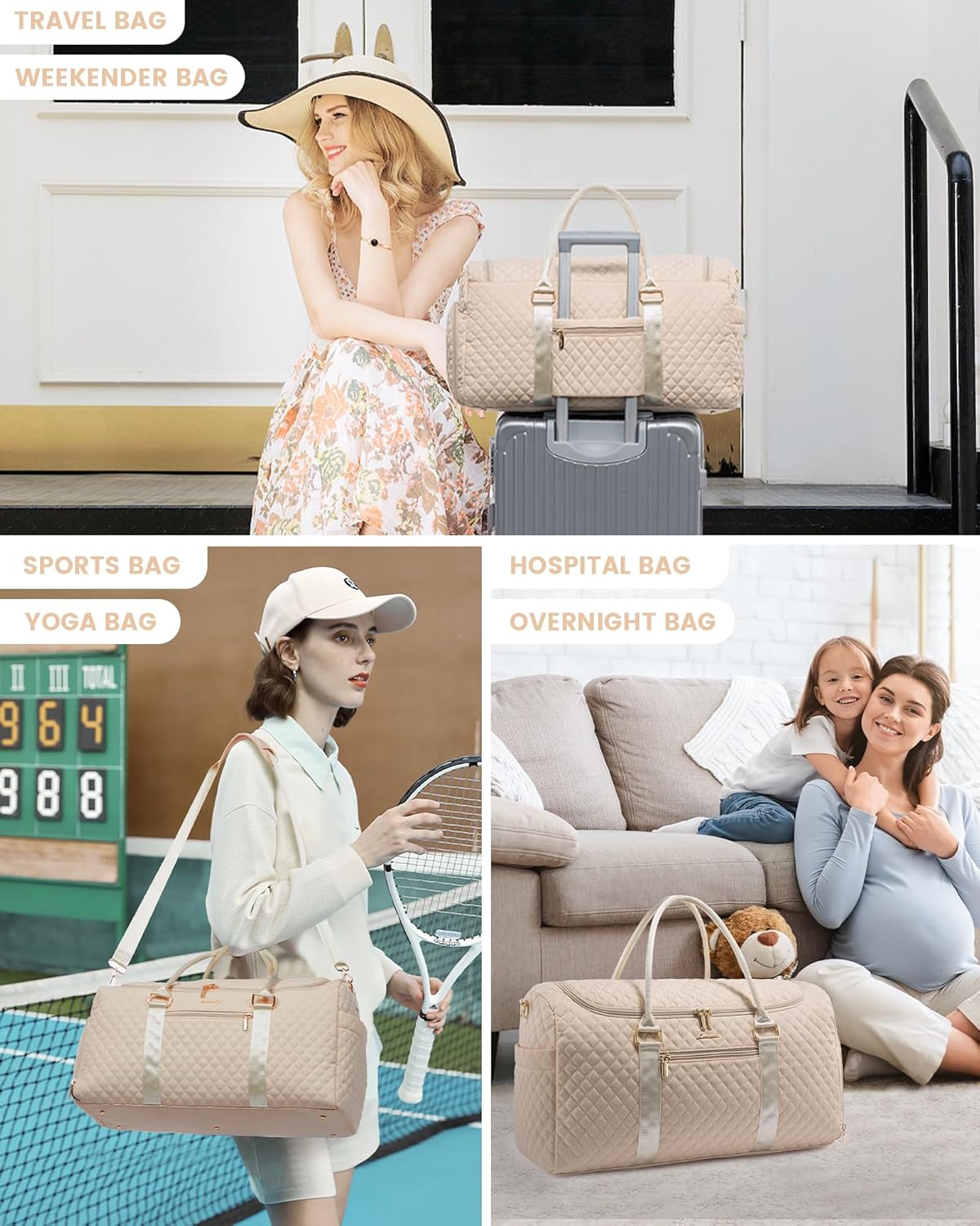 LOVEVOOK Travel Duffle Bag, 40L Weekender Overnight Bag with Toiletry, Quilted Carry On Bags with Shoe Compartment, Gym Duffel with Wet Pocket for Women, Hospital Bags for Labor and Delivery