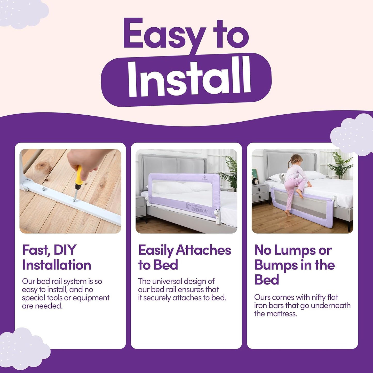 ComfyBumpy 1-Pack Bed Rail for Toddlers 55.5" L x 19.5" H | Toddler Bed Rails for Twin, Full, Queen & King Mattress Size | Swing Down Rail Guard | Mattress Side Rail for Kids | Purple