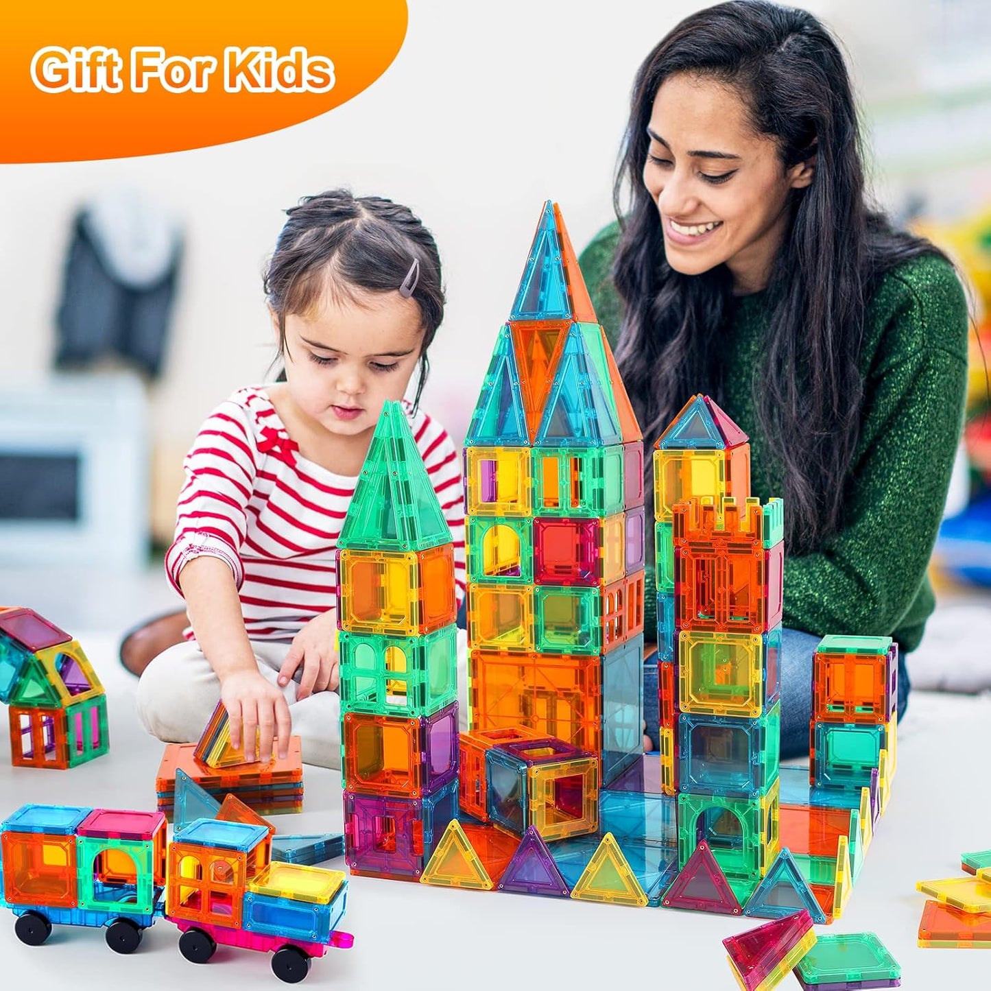 Bmag Magnetic Tiles, 120 PCS Magnetic Building Blocks, 3D Magnet Tiles for Kids Boys Girls, STEM Construction Building Set, Stacking Toys with 2 Car