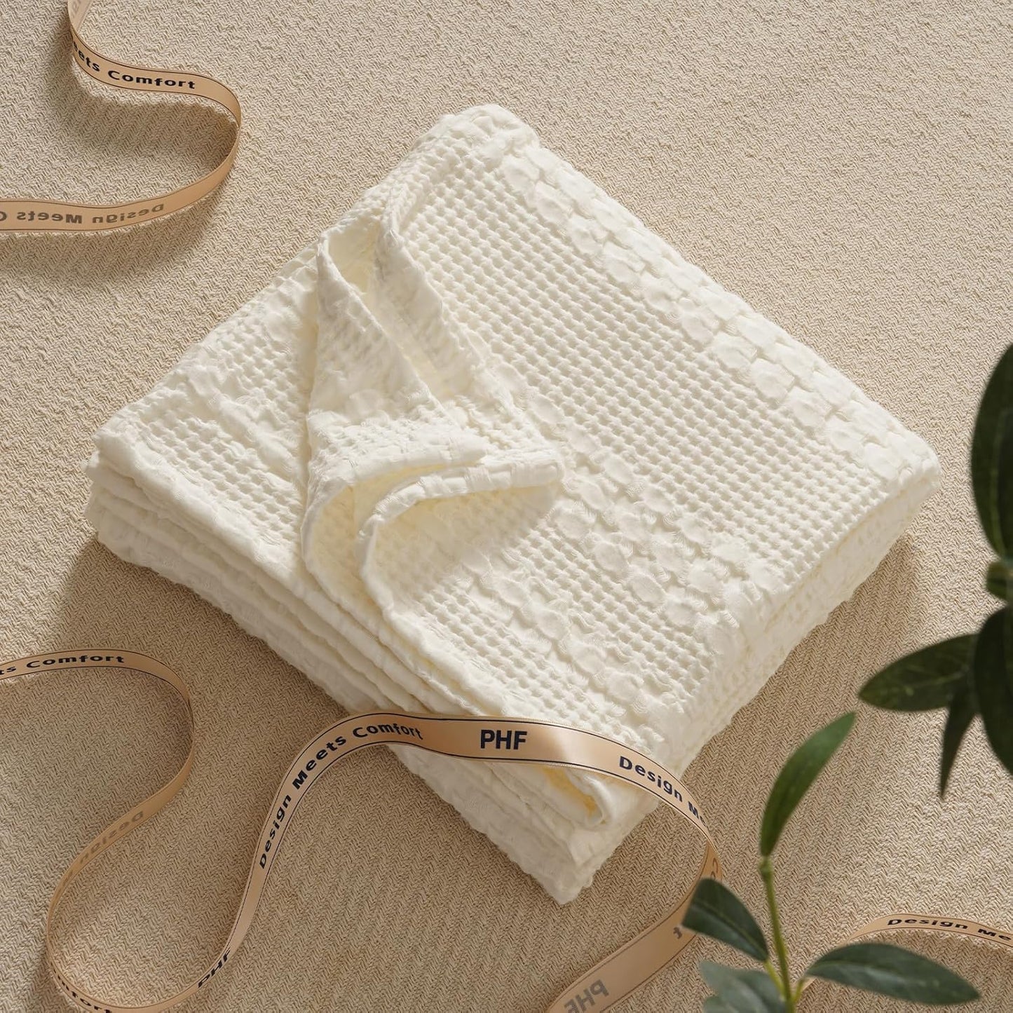 PHF 100% Cotton Waffle Weave Throw Blanket, Soft Lightweight Breathable Cozy Summer Throws for Couch Bed Sofa, Luxury Aesthetic Woven Blanket for Home Decor & Office, 50"x60", Ivory