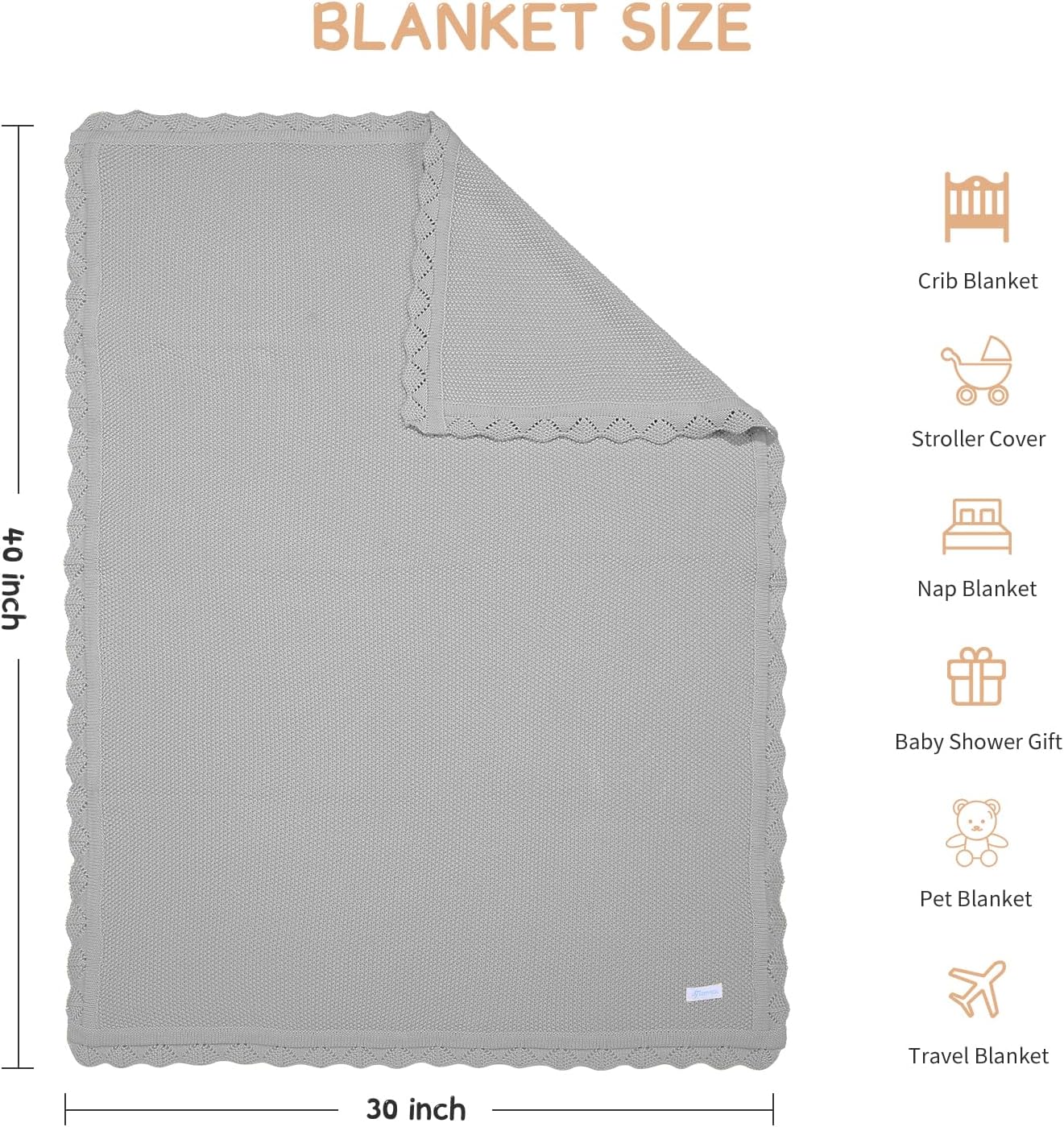 Cotton Baby Blankets 100% Knit Soft Warm Lace Toddler Newborn Nursery Receiving Blankets,30 X 40 Inches, Light Gray