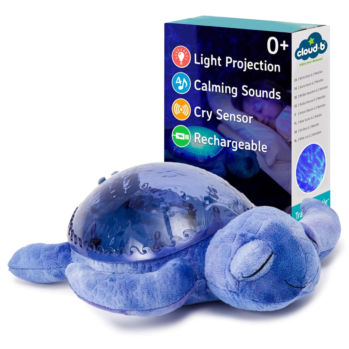 Cloud b Ocean Projector Nightlight with 2 White Noises & 2 Soothing Sounds | Adjustable Settings | Cry Sensor | Tranquil Turtle - Ocean (Rechargeable)
