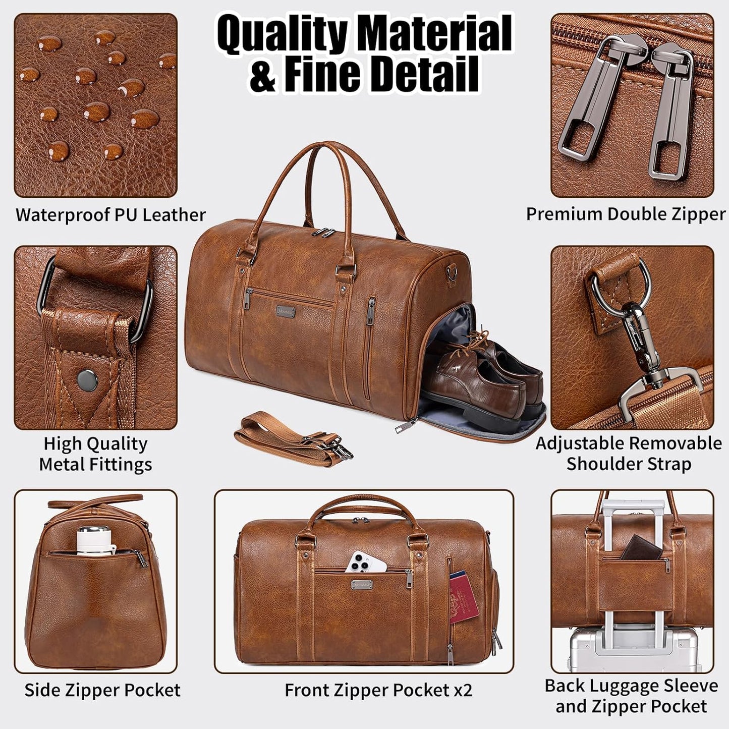 Large Leather Duffel Bag for Travel, Weekender Bag for Men or Women with Shoe Compartment, Waterproof Carry On Bag with Toiletry Bag, Travel Tote Bag with Luggage Strap (Brown)