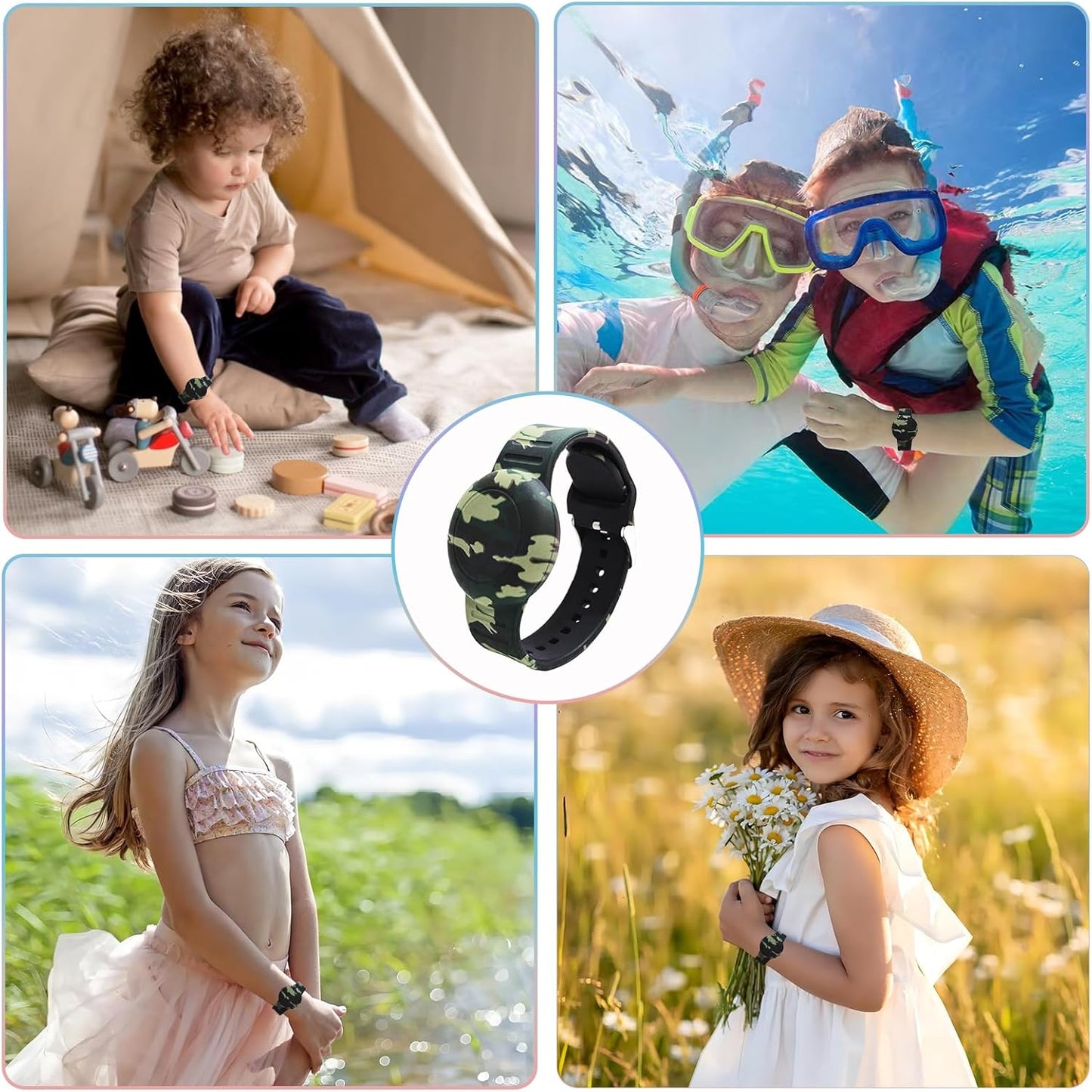 Waterproof AirTag Bracelet for Kids, Soft Silicone Air Tag Hidden Holder Case Compatible with Apple Airtag, Adjustable Anti-Lost Printed Strap GPS Traker for Toddler Child(Camouflage Green)