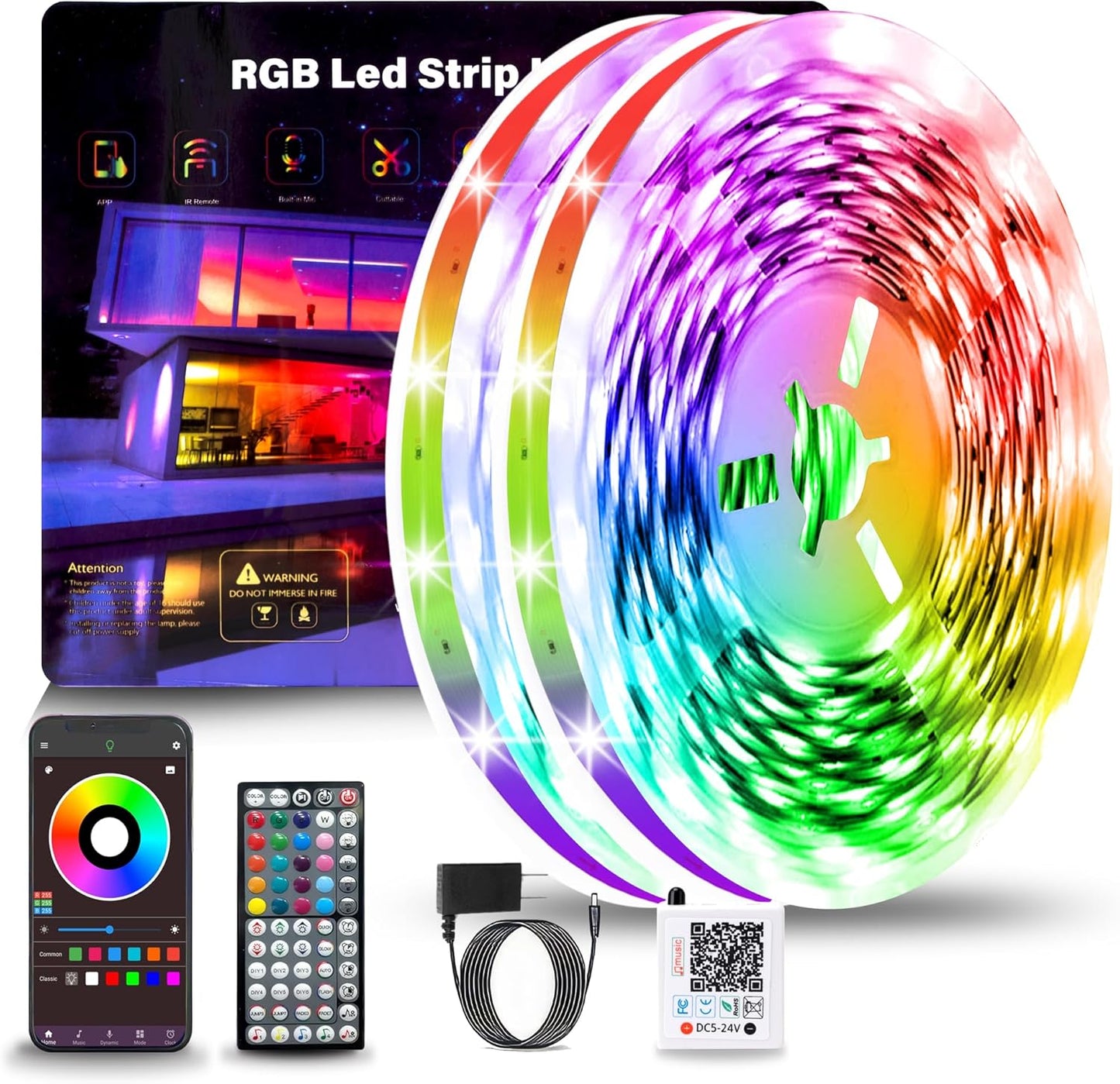 Led Lights for Bedroom 200FT(2 Rolls of 100ft), Music Sync Led Strip Lights with 60 Keys Remote and App Control, Color Changing RGB Led Lights for Room Kitchen Party Home Christmas Decoration