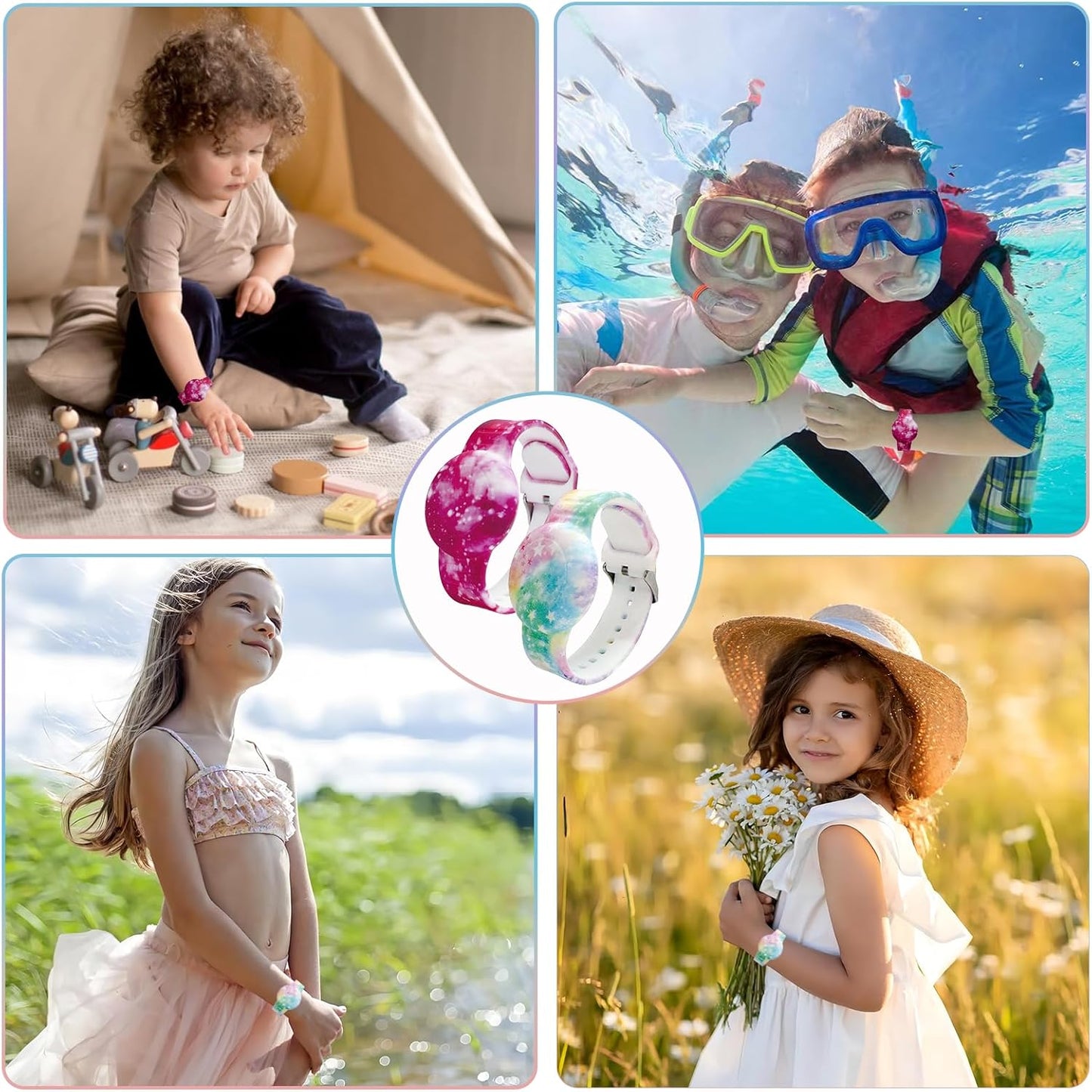 Waterproof AirTag Bracelet for Kids, Soft Silicone Air Tag Hidden Holder Case Compatible with Apple Airtag, Adjustable Anti-Lost Printed Strap GPS Traker for Toddler Child(2 Pack, Pink & Purple)