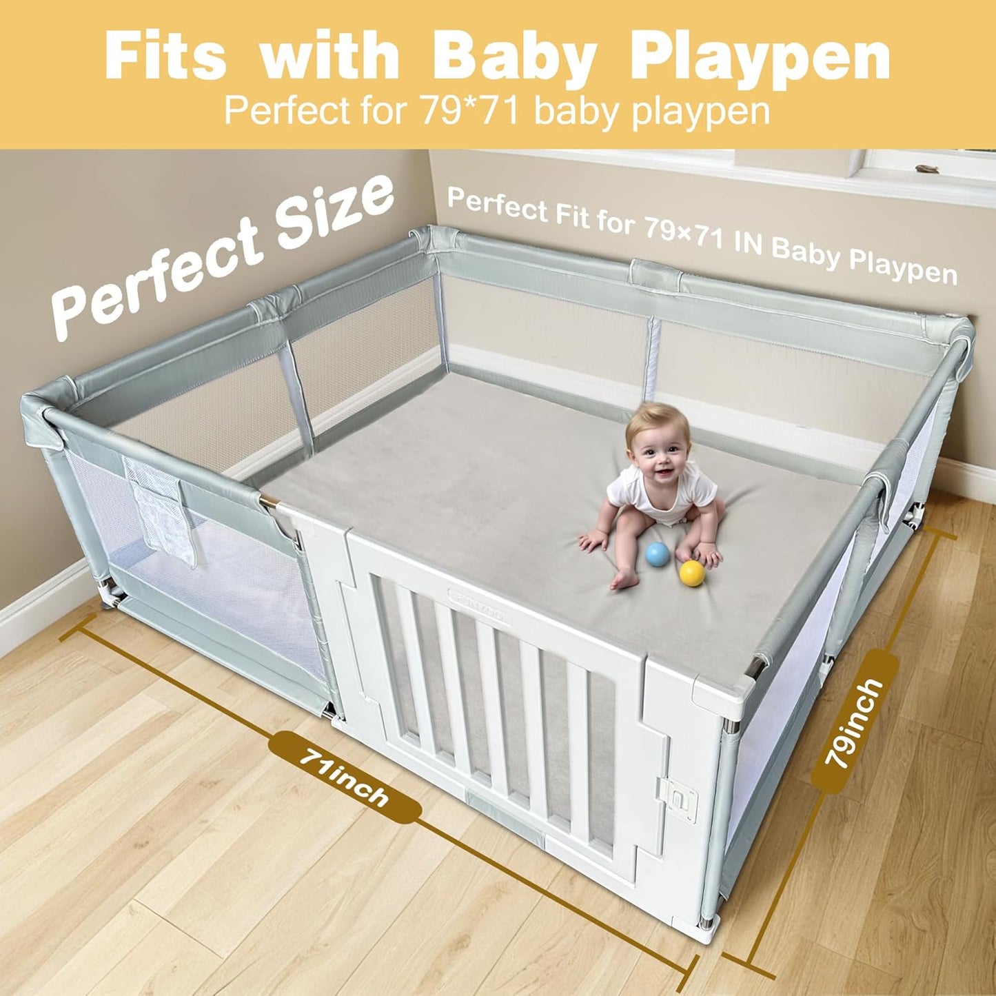 79" ×71" Padded Baby Play Mat for Floor, 1.2" Thick Memory Foam Mat with Machine Washable Cover, Soft Tummy Time Crawling Playmat with Non-Slip Bottom, Fits 79" x71" Playpens