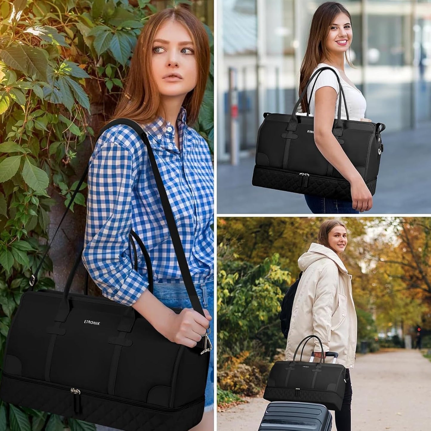 ETRONIK Weekender Overnight Duffle with Shoe Compartment & Wet Pocket, Carry On Gym Bag for Travel & Hospital, XL Black