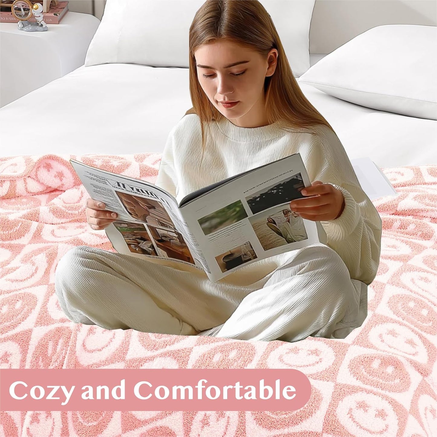 WRENSONGE Checkered Throw Blanket Blossom Smiling Face Soft Cozy Fluffy Warm Hand Made Throw Blankets for Couch, Sofa, Chair, Bed, Camping, Picnic, Travel Lightweight Bed Blanket - 50"*60"