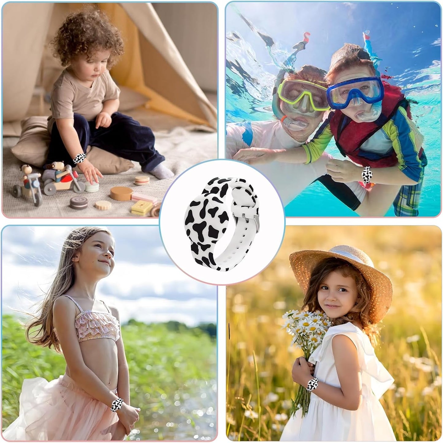 Waterproof AirTag Bracelet for Kids, Soft Silicone Air Tag Hidden Holder Case Compatible with Apple Airtag, Adjustable Anti-Lost Printed Strap GPS Traker for Toddler Child(Dairy Cow)