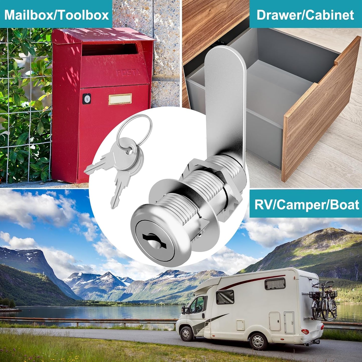 3 Pcs Cabinet Locks with Keys, 1-3/8 Inch Cam Lock Keyed Alike, Mailbox Locks Replacement for Cabinet and Drawer, Tool Box Lock with Keys, Zinc Alloy