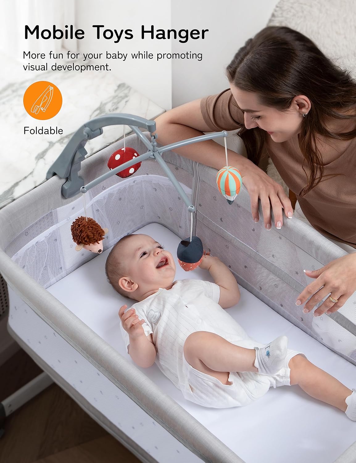 besrey 5 in 1 Baby Bassinet Bedside Sleeper, Playpen with Bassinet & Baby Cradle, Adjustable Bedside Crib for Newborn Infant with Mobile Toy Hanger, Hanging Diaper Bag, Mosquito Net, Mattress