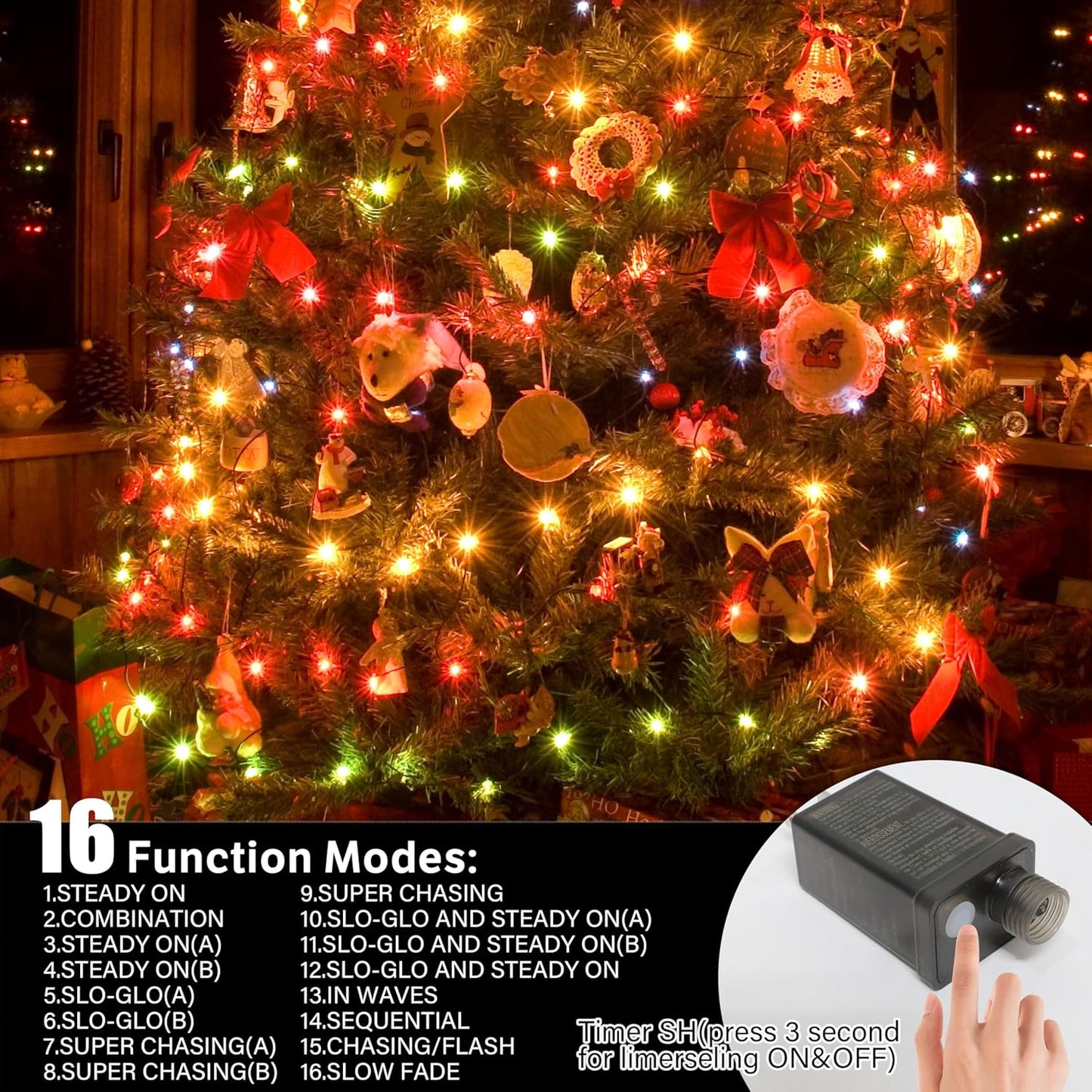 33ft Christmas Decorative Mini Lights, 100 LED Green Wire Fairy Starry String Lights Plug in, 16 Lighting Modes, for Indoor Outdoor Xmas Tree Wedding Party Decoration (Warm+Multicolor)