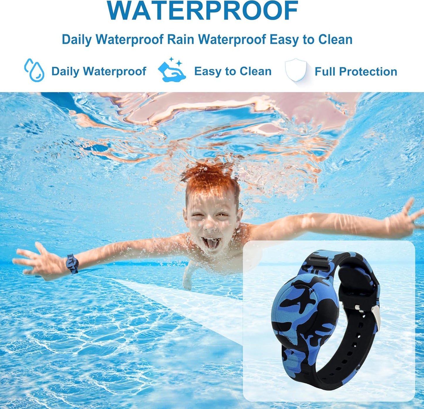 Waterproof AirTag Bracelet for Kids, Soft Silicone Air Tag Hidden Holder Case Compatible with Apple Airtag, Adjustable Anti-Lost Printed Strap GPS Traker for Toddler Child(2 Pack, Green & Blue)