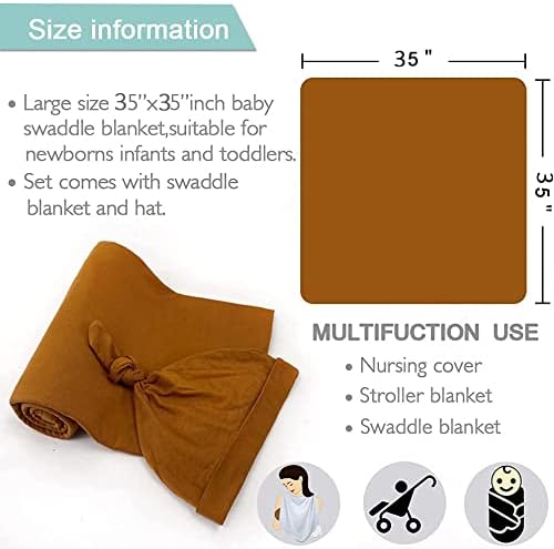 iEvolve Cotton Knitted Baby Swaddle Blanket with Hat Headband Set Newborn Swaddle Wrap Receiving Blankets for Baby Girl Boy 35" x 35"(Ginger)