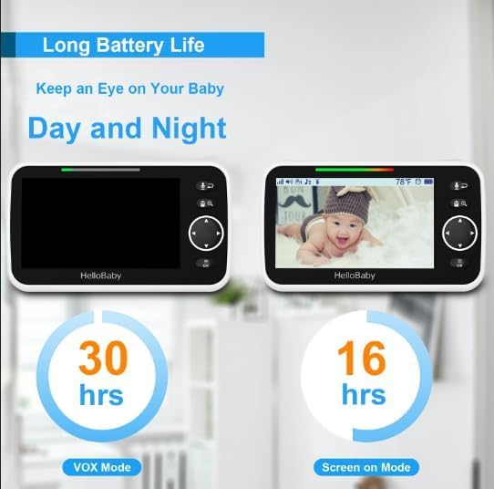 HelloBaby 6'' World First IPS 30H Battery Split-Screen Video Baby Monitor with Camera and Audio, No WiFi, Pan-Tilt-Zoom, VOX, 2-Way Talk, Night Vision, 8 Lullabies, 1000ft, for New Parents/Elderly