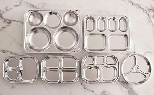 Korean Stainless Steel Divided Plates by KS&E, Little Kids Toddlers Babies small Tray, BPA Free, Diet Food Control, Compact Serving Platter, Snack, 5 Compartment Plate Silver, Set of 2