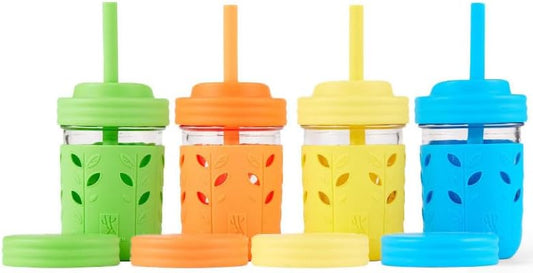 Elk and Friends Kids & Toddler Cups | The Original Glass Mason jars 8 oz with Silicone Sleeves & Silicone Straws with Stoppers | Smoothie Cups | Spill Proof Sippy Cups for Toddlers | 4 Pack