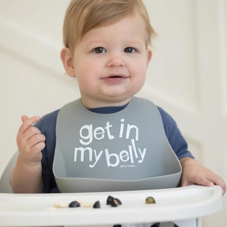 Baby Bib for Eating by Bella Tunno, Waterproof Silicone Bib with Large Food Catcher, Adjustable Fit for Babies 4-12 months & Toddlers 1-3 Years, Boys & Girls, Get In My Belly