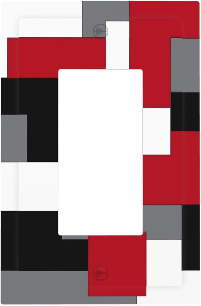 1 Gang Single GFCI/Decorator Rocker Outlet Light Switch Wall Plate Cover Modern Abstract Red Black Grey Gray White Geometric Plaid Middle Mid Century Decorative One Device Electrical Faceplate Dimmer