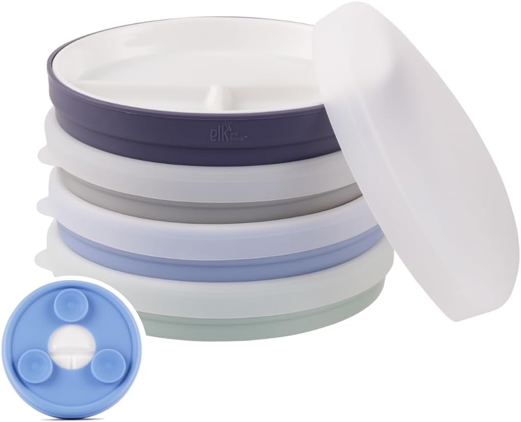 Elk and Friends Kids 6.7” Porcelain Divided Plates with Silicone Suction Sleeves + Silicone Lids | Suitable for Babies/Kids/Toddlers | Microwave & Dishwasher Safe | Non Slip | Snack Dishes | 4 Pack
