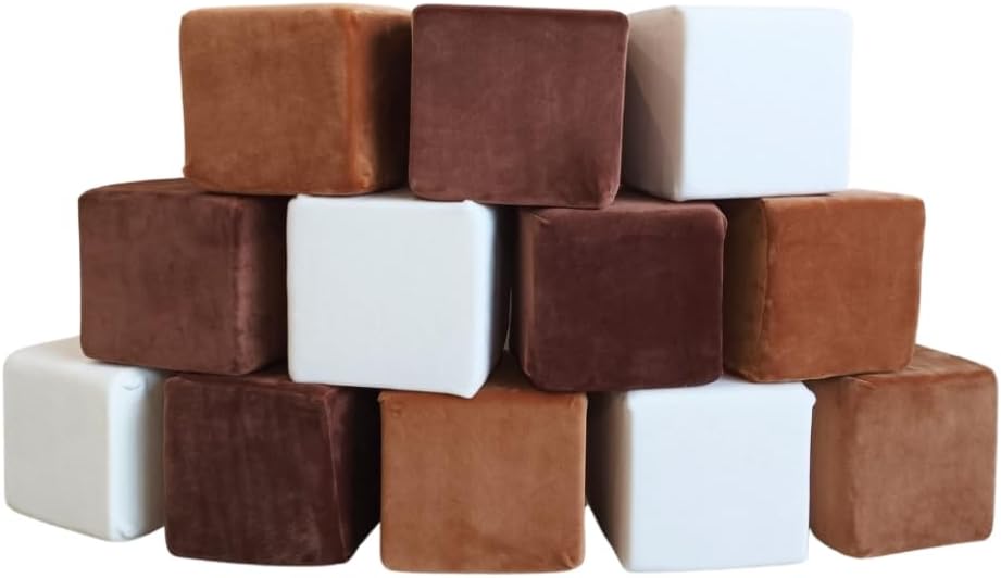 Wonder Space Plush Foam Blocks - Nursery Building & Stacking Toys for Toddlers Boys & Girls, Soft Smooth Velvet Cover, Early Education Gross Motor Skills & Brain Development (12 Blocks, Nougat)