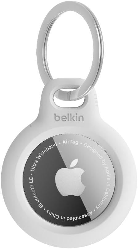 Belkin Apple AirTag Secure Holder with Key Ring - Durable Scratch Resistant Case With Open Face & Raised Edges - Protective AirTag Keychain Accessory For Keys, Pets, Luggage, Backpacks & More - White