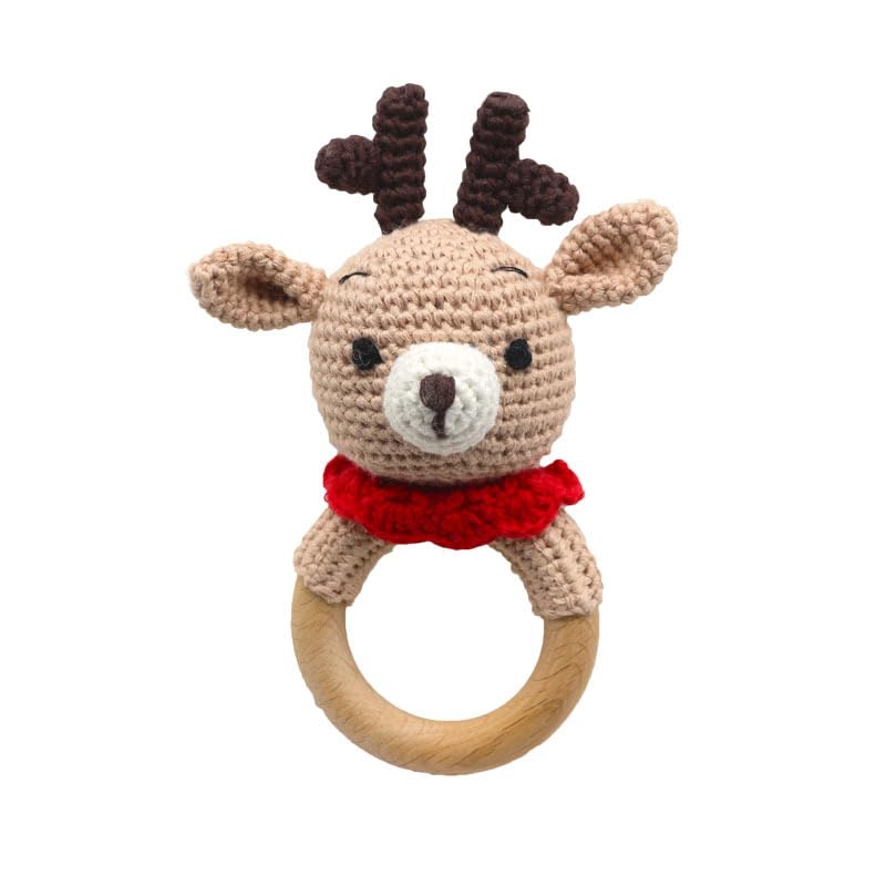 Wooden Baby Rattle for Newborn Toddler Soothing Handmade Crochet Ring Toys (Light Brown Deer)
