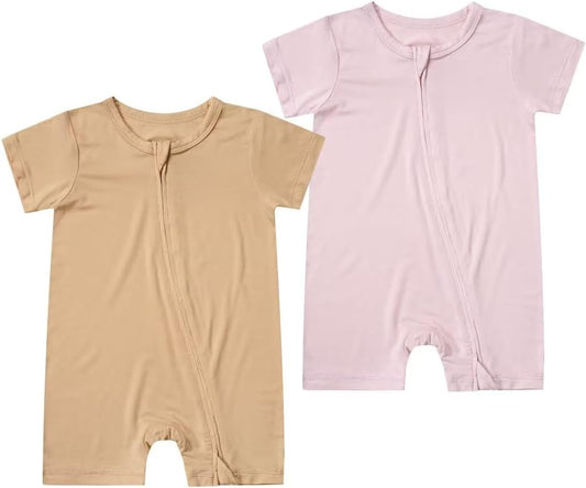 Teach Leanbh Unisex Baby 2 Pack Bamboo Viscose Pajamas Short Sleeve 2 Way Zipper Romper Jumpsuit Sleep and Play