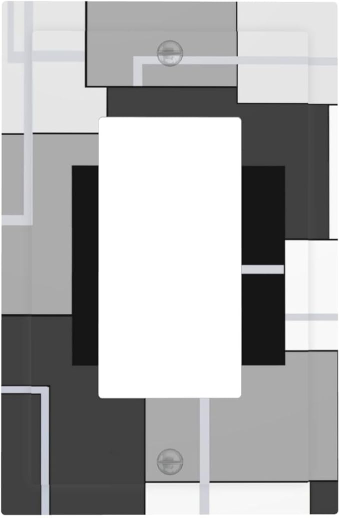 1 Gang Single GFCI/Decorator Rocker Outlet Light Switch Wall Plate Cover Modern Mid Century Aesthetics Abstract Geometric Black and White Grey Gray Decorative One Device Electrical Faceplate Dimmer