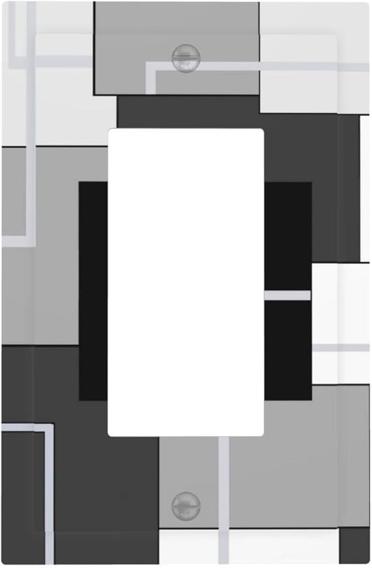 1 Gang Single GFCI/Decorator Rocker Outlet Light Switch Wall Plate Cover Modern Mid Century Aesthetics Abstract Geometric Black and White Grey Gray Decorative One Device Electrical Faceplate Dimmer