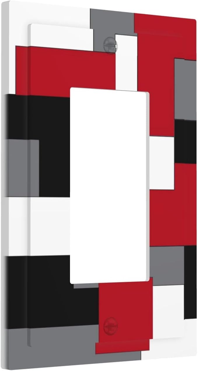 1 Gang Single GFCI/Decorator Rocker Outlet Light Switch Wall Plate Cover Modern Abstract Red Black Grey Gray White Geometric Plaid Middle Mid Century Decorative One Device Electrical Faceplate Dimmer