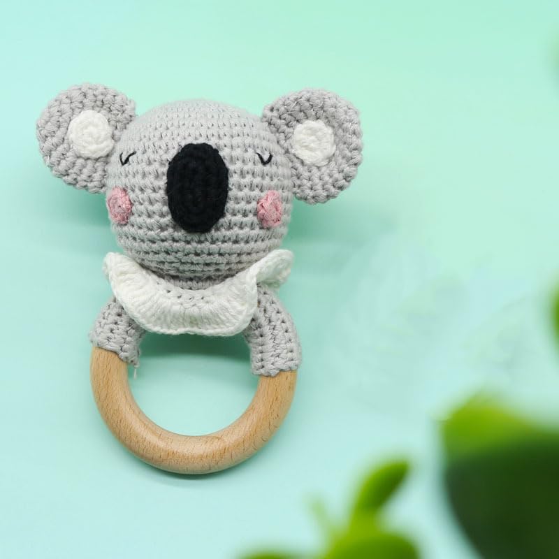 Wooden Baby Rattle for Newborn Toddler Soothing Handmade Crochet Ring Toys (Light Gray Koala)