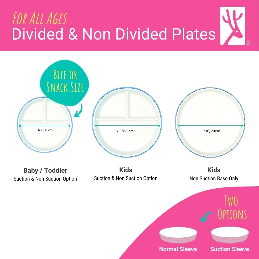 Elk and Friends Kids 7.8” Porcelain Divided Plates with Silicone Suction Sleeves + Lids | Suitable for Kids/Toddlers | Microwave & Dishwasher Safe | Non Slip | Snack Dishes | 4 Pack