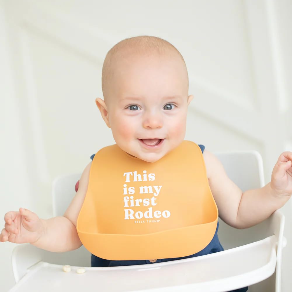 Bella Tunno Baby Bib for Eating, Waterproof Silicone Bib with Large Food Catcher, Adjustable Fit for Babies 4-12 months & Toddlers 1-3 Years, Boys & Girls, This Is My First Rodeo