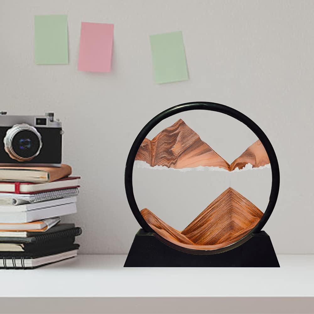 Aoderun Moving Sand Art Picture Round Glass 3D Deep Sea Sandscape in Motion Display Flowing Sand Frame Relaxing Desktop Home Office Work Decor (12", Orange)