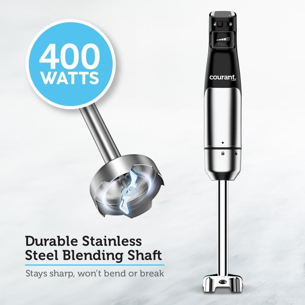 Courant Immersion Handheld Blender,4 in 1 400W Stick Blender, Variable Speed Stainless Steel Blades, Blending shaft Whisk,Chopper,Masher, Beaker Stainless Steel, LED Display