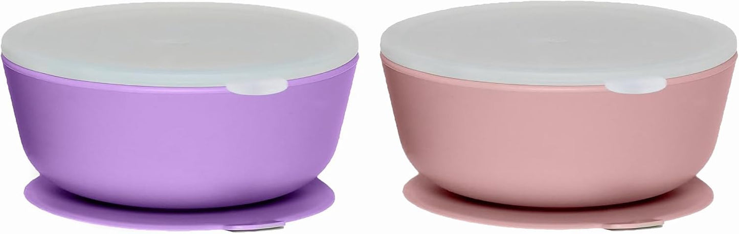 WeeSprout Suction Bowls for Baby & Toddlers (Set of 2) - 100% Silicone w/Plastic Lid - Leak Proof Feeding Supplies - Dishwasher & Microwave Safe Infant Dinnerware w/Extra Strong Base