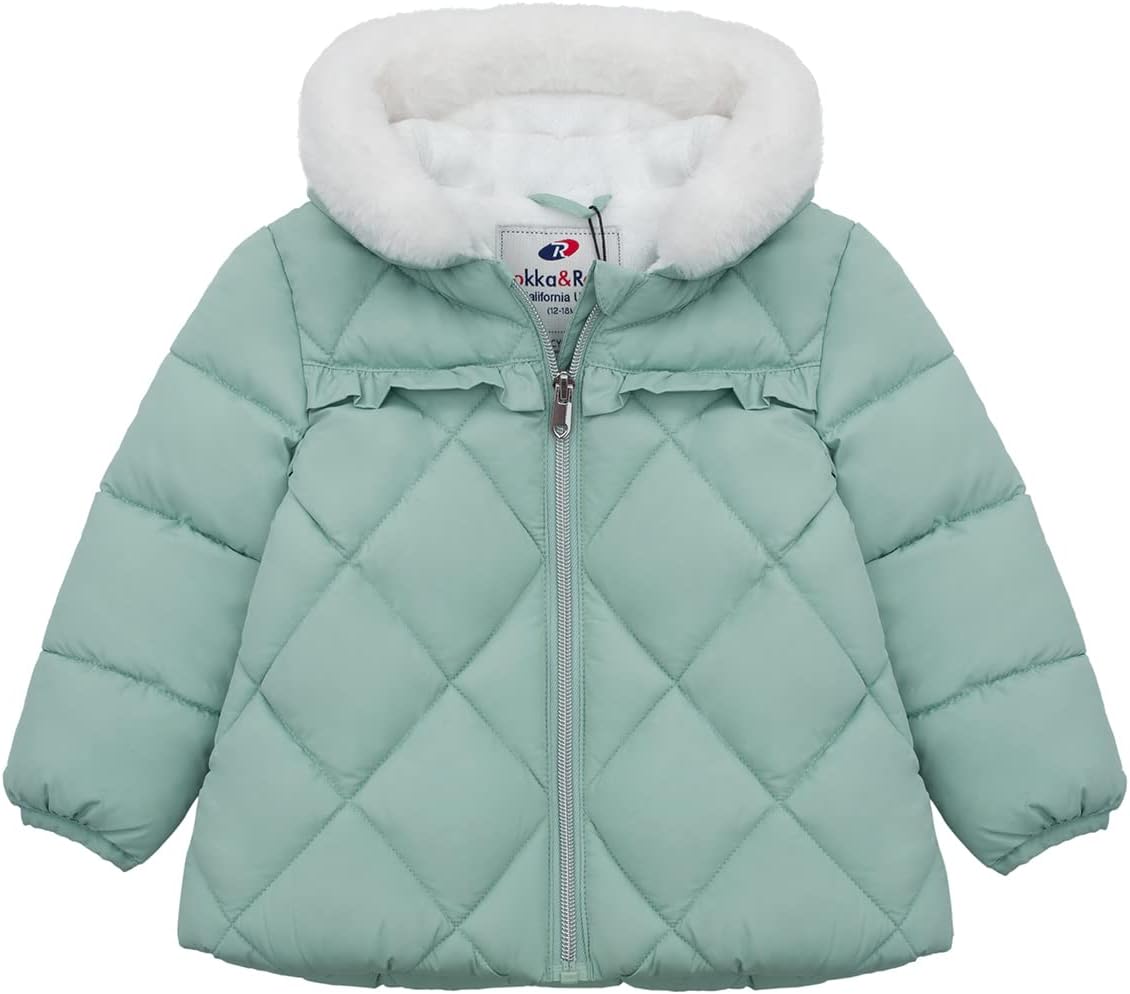 Rokka&Rolla Baby Girls' Water-Resistant Puffer Jacket Hooded Winter Coat with Soft Mini Fur Lining for Newborn Infant Toddler